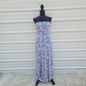 The Limited Blue Floral Strapless Boho Print Lightweight Stretch Maxi Dress Sz M